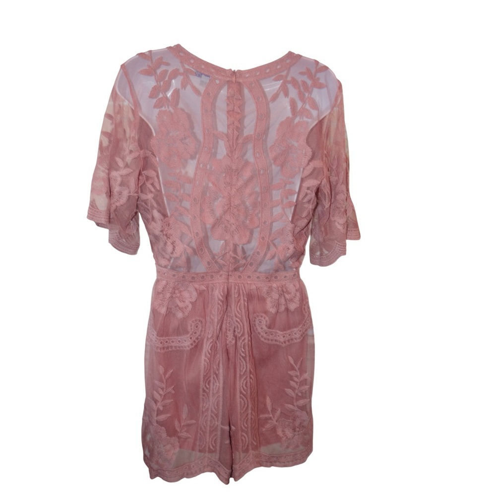 She + Sky Pink Lace Kimono Sleeve Romper Women's Small Festival Beach Cover Up - Picture 2 of 3